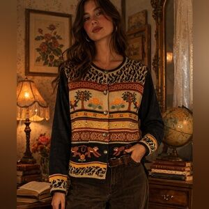 Vintage Arriviste Embroidered Beaded Monkey Novelty Print Cardigan Size M